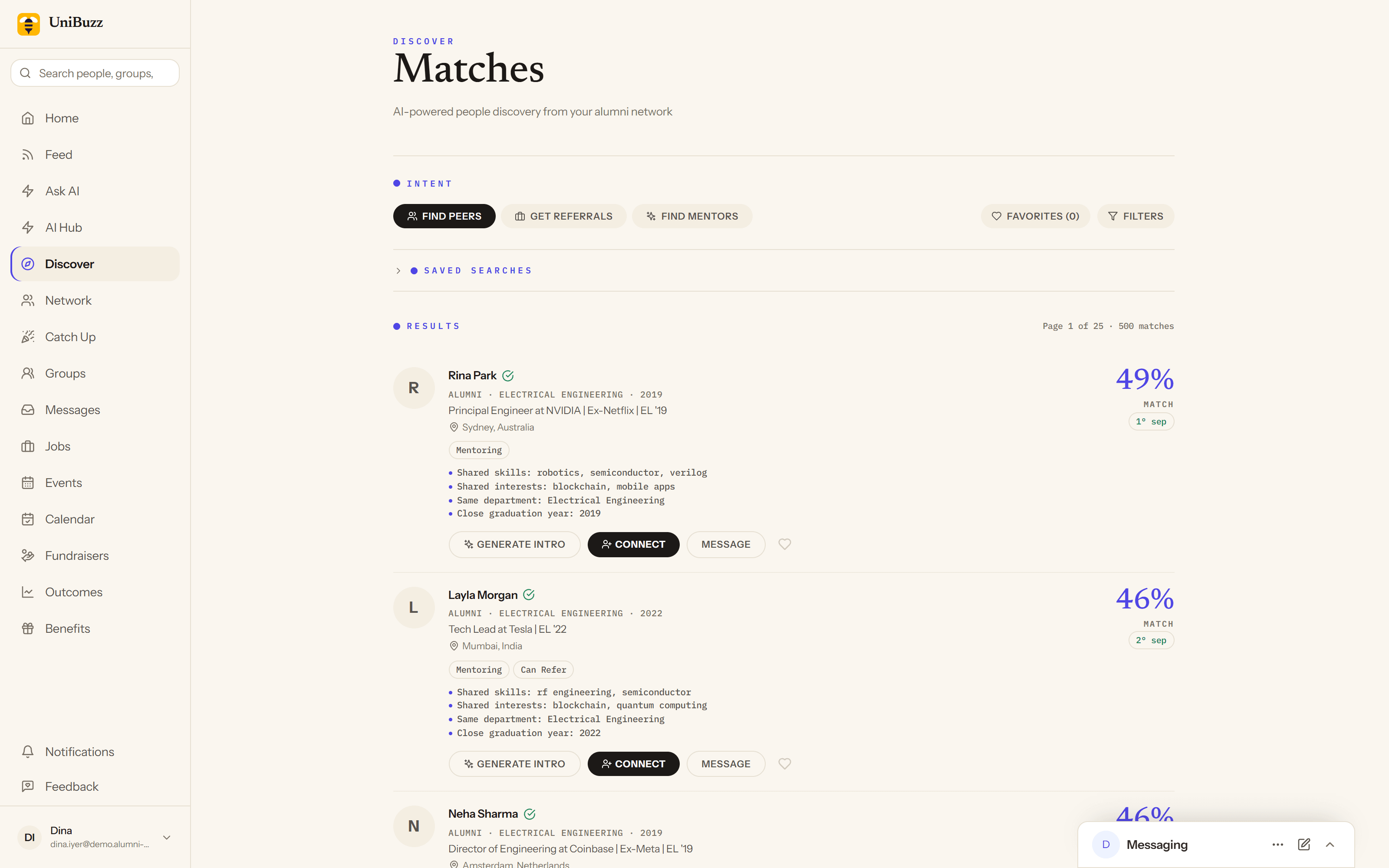AI-matched mentors and referrers on UniBuzz